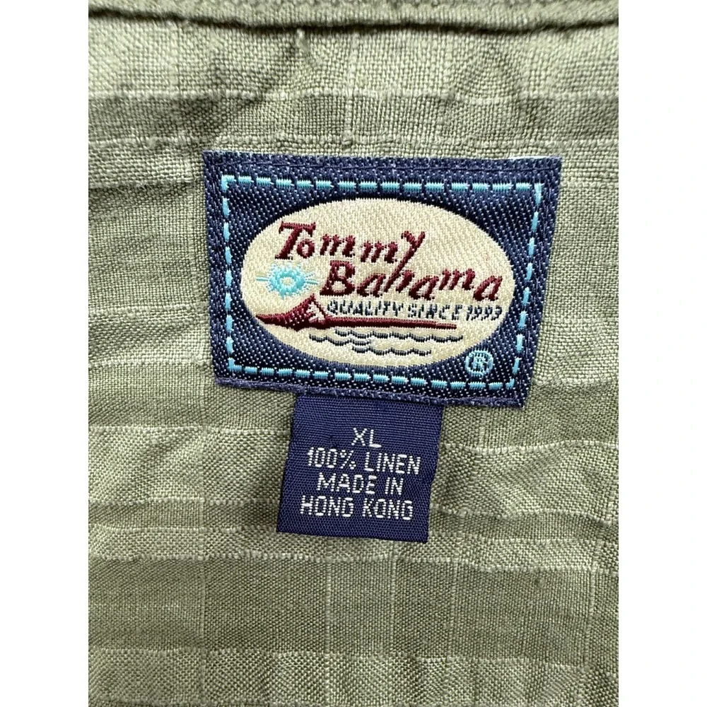 VTG Tommy‎ Bahama 100% Linen Mens XL Plaid Check Button Shirt Sage Green Classic
